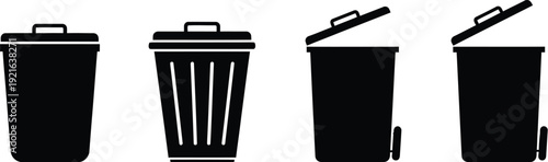 Black trash can silhouettes with different lid designs