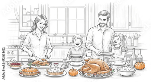 Family Preparing Thanksgiving Dinner Together.