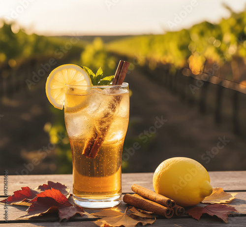 A refreshing autumn drink with lemon and cinnamon in a vineyard