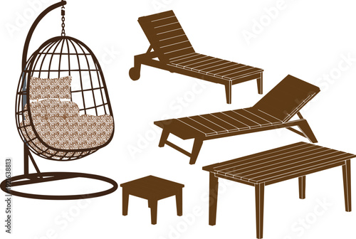 Modern outdoor wooden furniture set with hanging egg chair, sun loungers, table and stool isolated on white background for patio