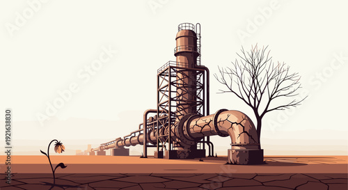 Long industrial pipeline across dry cracked desert with dead tree