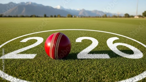 Red cricket ball on green field with 2026 year number for future sports tournament concept