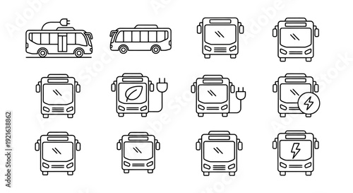 Collection of electric bus icons and illustrations.