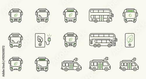 Collection of electric bus and transport icons with eco friendly symbols.