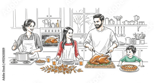 Family Preparing Thanksgiving Turkey Together.