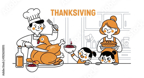 Family Preparing Thanksgiving Turkey Together.