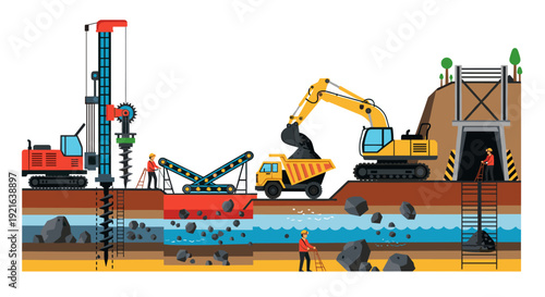 Mining and excavation process with heavy machinery and workers