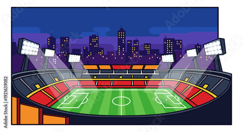 Soccer stadium with city skyline illuminated at night