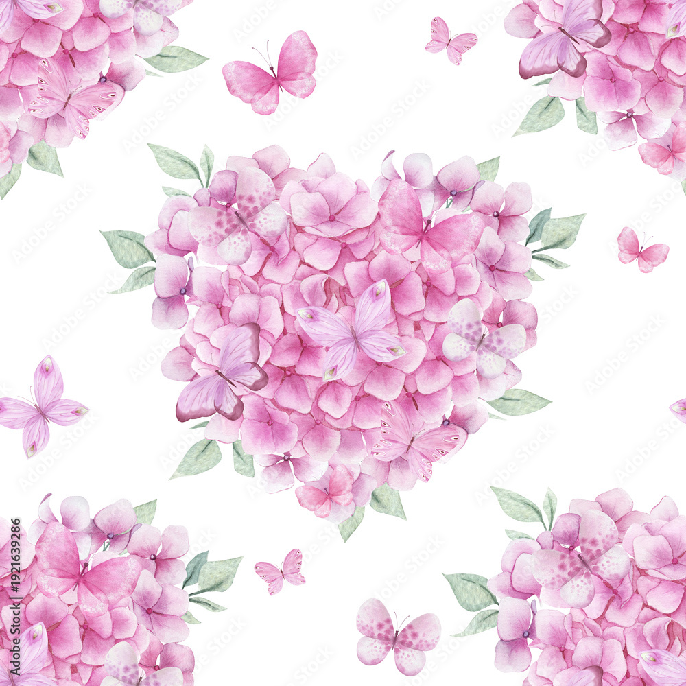 Obraz premium Watercolor seamless pattern with pink hydrangea heart. Floral design on white background. Hand drawn illustration