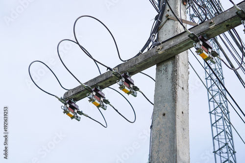 Wallpaper Mural Power pole with Drop Out Fuse (DO Fuse) and protection system, including wires, cables. Torontodigital.ca