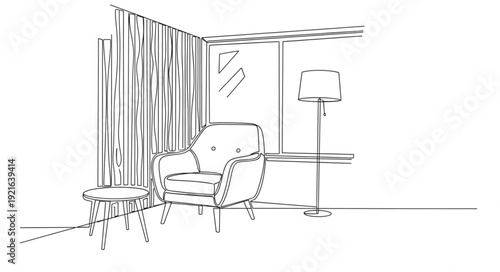 Interior design sketch of a cozy armchair and side table.
