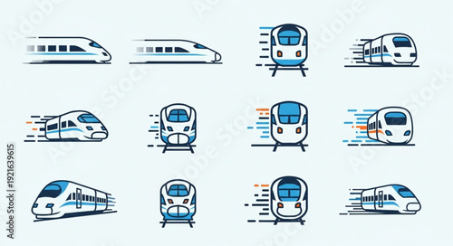 Set of modern high speed train icons in motion.