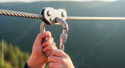 Child hands gripping zip line safety equipment, metal carabiner clipped onto steel cable during thrilling mountain adventure.