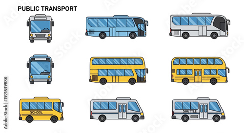 Collection of diverse public transport buses in various styles.