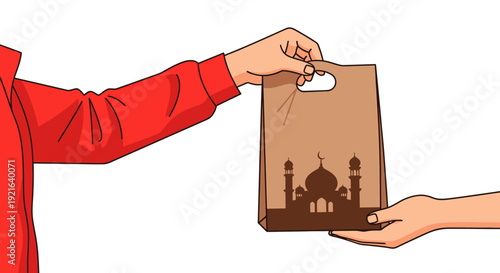 Delivery person handing over a shopping bag with mosque silhouette.