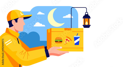 Delivery person holding a food box at night.