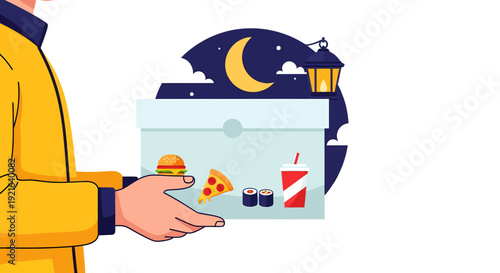 Delivery Person Holding Food Box at Night.