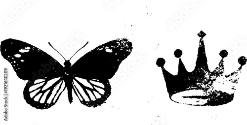 Monarch butterfly and crown in high contrast ink drawing for retro design