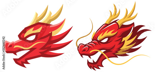 Two Red Dragon Heads Facing Left, Asian Mythology, Symbolic Creature Illustration