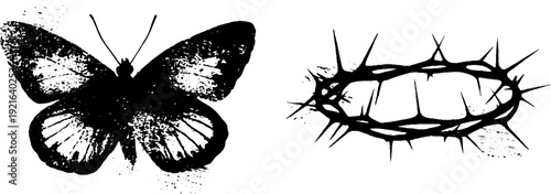 Black and white butterfly and crown of thorns silhouette for design and art projects