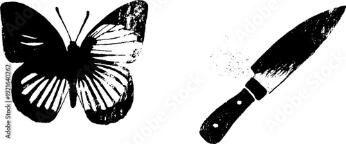 High contrast black and white butterfly and dagger ink illustration for tattoos or designs