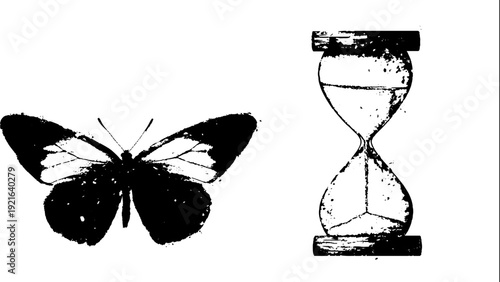 Time flies: black and white ink illustration of butterfly and hourglass silhouette