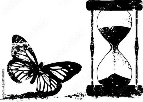 Metamorphosis and time: black and white ink art of butterfly with hourglass