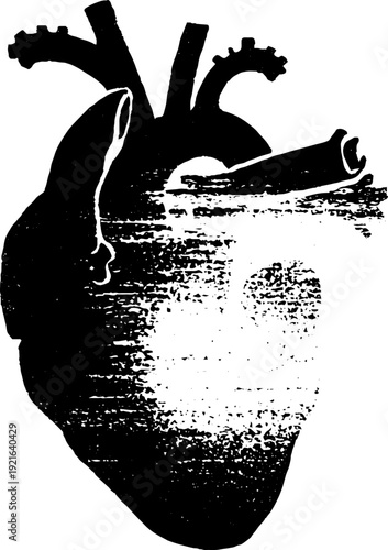 Intricate clockwork heart in high contrast black and white ink