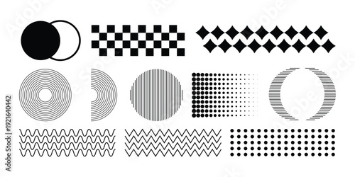 Modern Abstract Geometric Shapes Set – Minimalist Black and Grey Design Elements including Halftone, Zigzag, and Circles