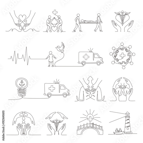 Continuous one line drawing of Gesture  sign of help and hope. Saving lives or emergency accident. Health  care  teamwork. Single line draw design vector illustration