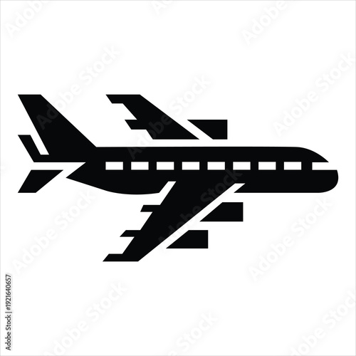 Solid black silhouette of a modern airplane for air transport business logo.