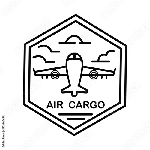 Air cargo badge logo with airplane and clouds, hexagonal design, business emblem.