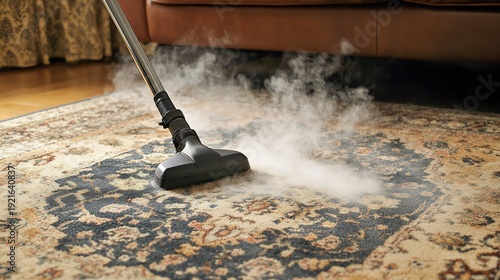 Steam cleaning ornate rug in living room