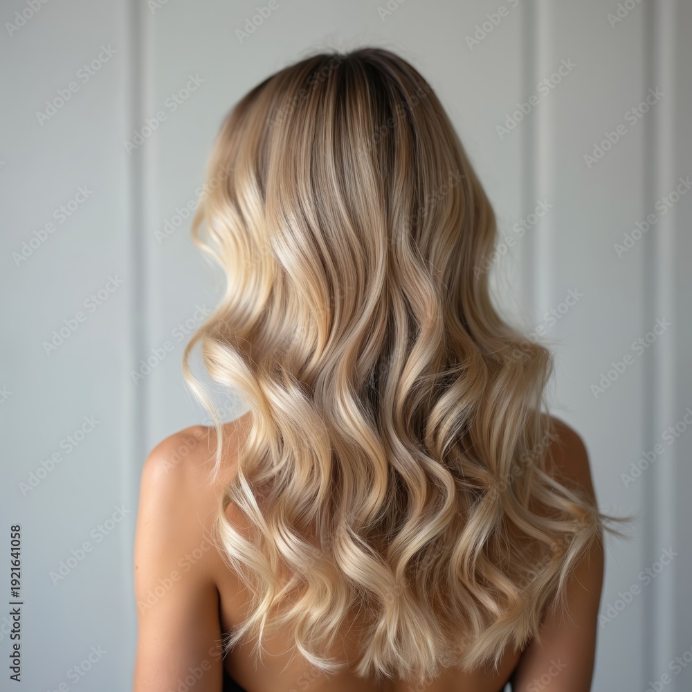 Fototapeta premium Woman with long blonde wavy hair from behind. Shiny healthy hair with balayage coloring. Back view portrait of young female model. Elegant hairstyle for special occasion. Care and beauty products.