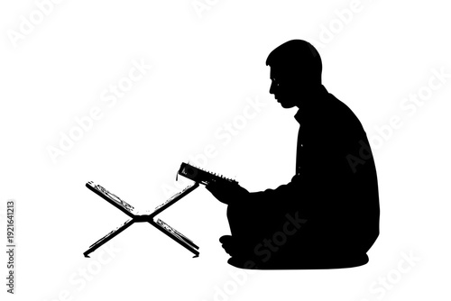 Person Reading Quran on Rehal Stand Silhouette Vector for Ramadan Spiritual Reflection and Islamic Education