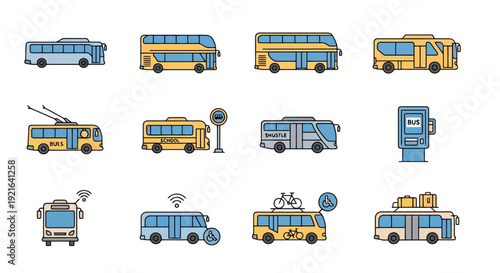 Collection of diverse bus types and public transport icons.