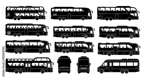 Collection of diverse bus silhouettes for transportation concepts.