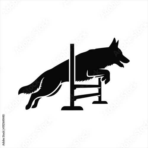 Silhouette of Agility Dog: Dynamic silhouette of a dog leaps over a hurdle, showcasing agility and athleticism in a streamlined black and white design. 