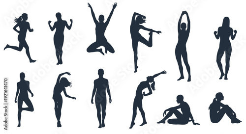 Collection of diverse female silhouettes in various fitness poses.