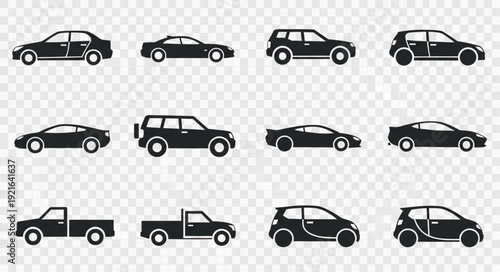 Collection of diverse car silhouettes on transparent background.