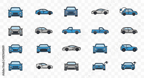Collection of diverse car icons in various styles and perspectives.