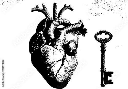 Intricate black and white anatomical heart with key illustration for retro design