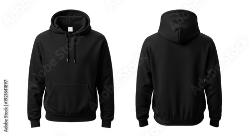 Sudadera negra con capucha vista frontal y posterior, aislada sobre fondo blanco para maqueta diseño

