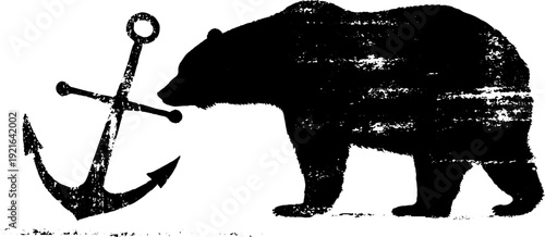 Bear silhouette with anchor in high contrast black and white ink design