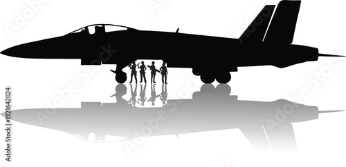 Military jet fighter, Silhouette of Military Jet Fighter Aircraft with Ground Crew and Pilot Reflection Isolated on White Background