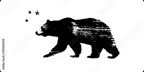 Vintage bear silhouette with stars in high contrast black and white ink drawing