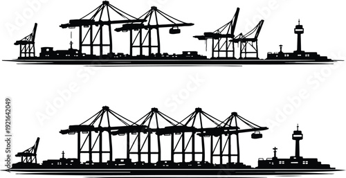 Seaport vector icon, crane port silhouette vector illustration isolated on white background, global shipping logistics maritime transport design