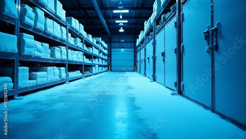 cold storage warehouse facility with shelving and freezer units for storing perishable goods and frozen products in a refrigerated environment for food preservation purposes daily.