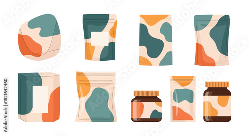 Modern Abstract Packaging Design Set: Organic Shapes on Pouches, Boxes, Jars for Branding & Product Mockups