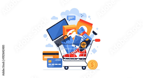 Online Shopping Cart Full of Goods - E-commerce, Digital Retail & Payments Concept Illustration